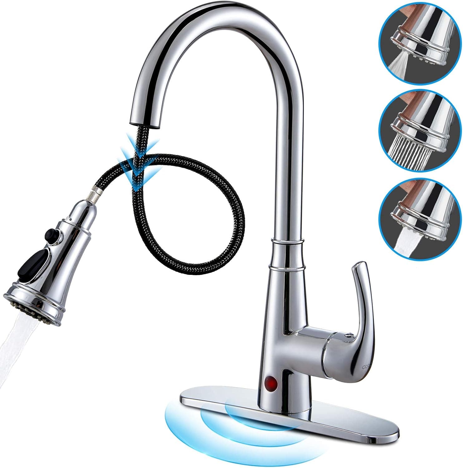Touchless Kitchen Faucet Cobbe Motion Sensor Pull Down Kitchen Sink Faucet with Sprayer, 10” Deck Plate Chrome