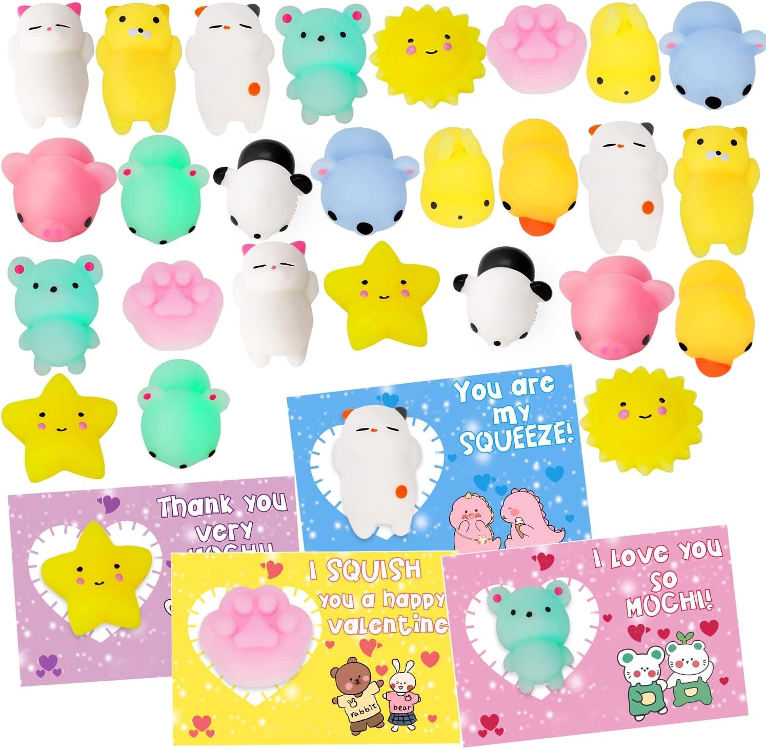 26 Packs Mochi Squishy Toy Valentines Day Gifts Cards for Kids Classroom Fidget Toys Preschool Exchange Gifts Cards Classmate Gifts