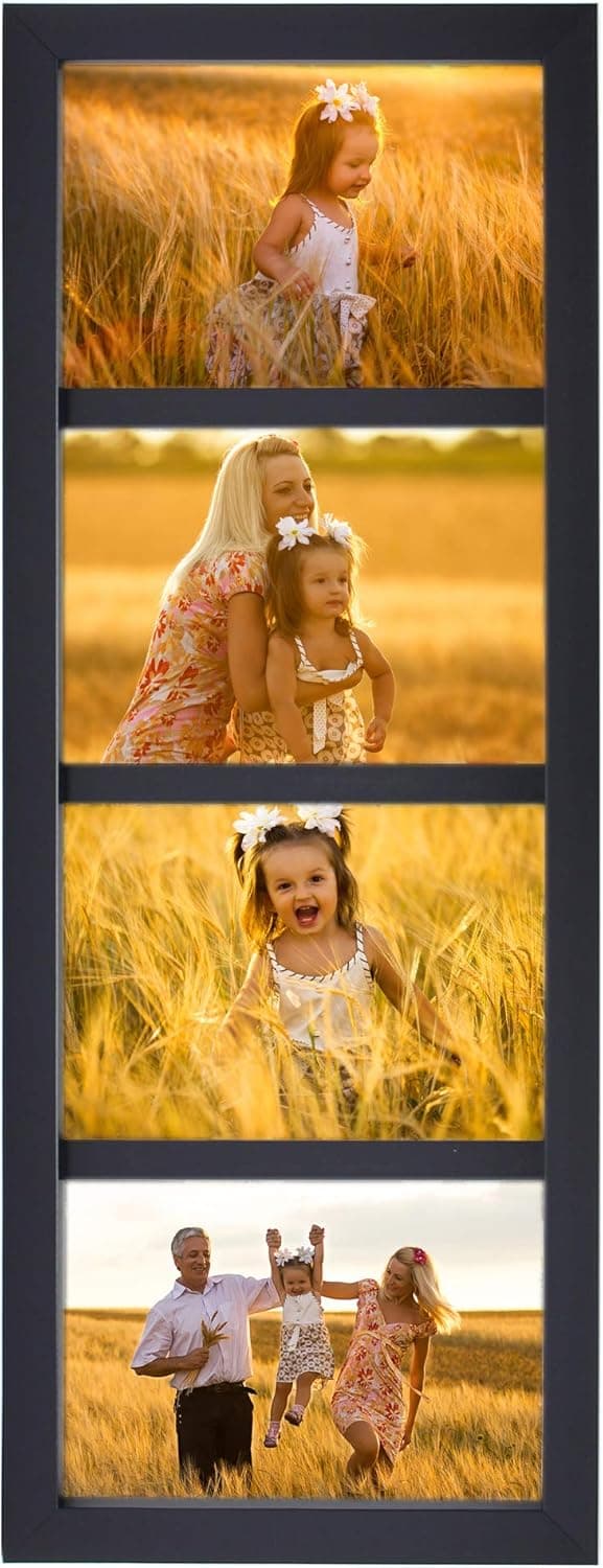 MIMOSA MOMENTS 7x17 Black Photo Wood Collage Frame with Real Glass and White Mat displays (4) 4x6 Pictures, Family Collage Picture Frame(four 4x6)