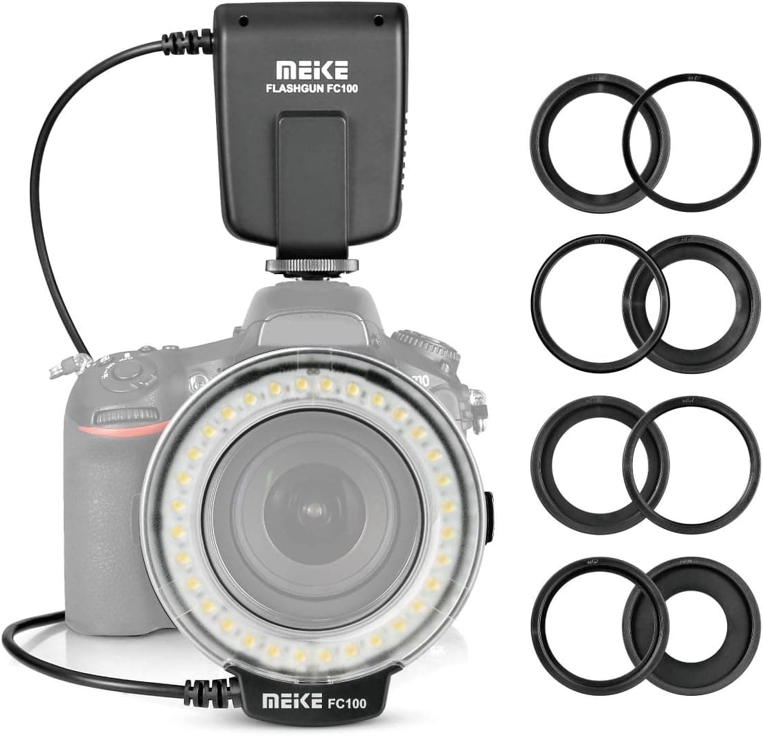 Meike FC100 Macro Ring Flash LED fit Nikon Canon Pentax Olympus DSLR Camera Camcorder with 8 Adapter Rings
