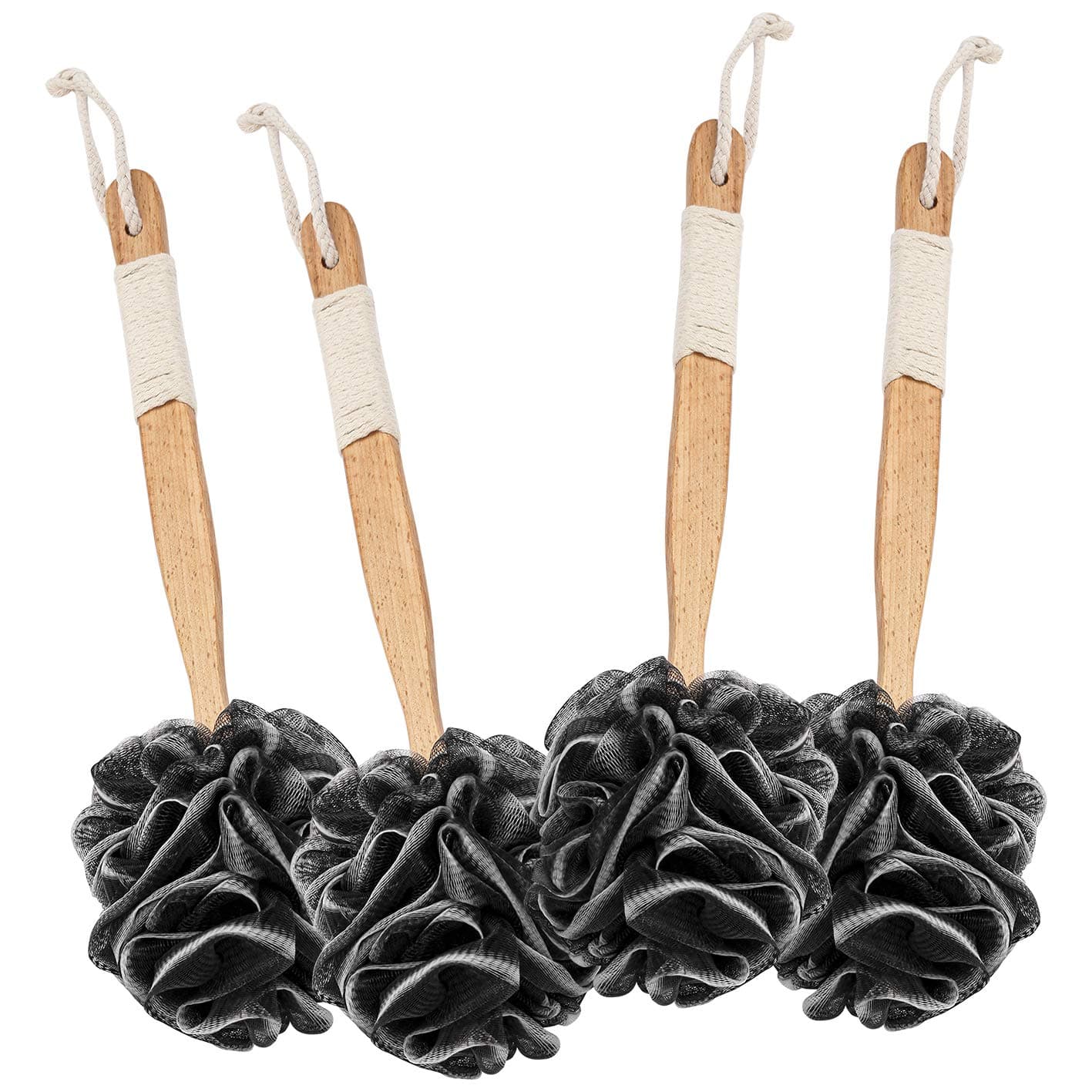 Trillnaber 4 Pack Premium Shower Sponge Loofah with Handle 15.5'', Loofah Back Scrubber Charcoal with Extended Reach Handle, Large Loofah Sponge Black Shower Loofah for Men & Women