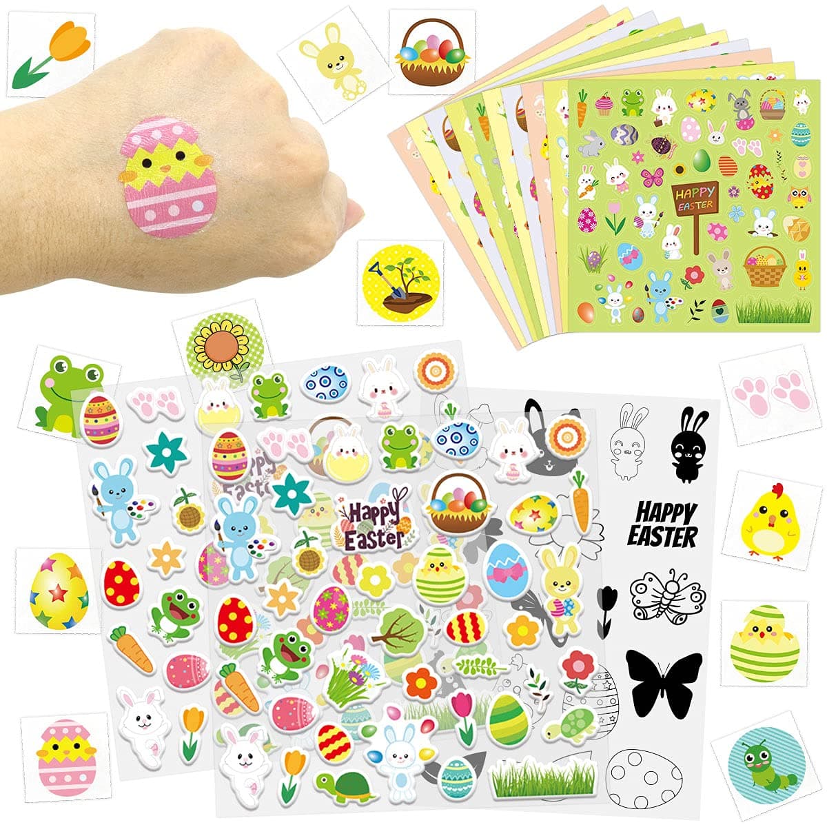 Easter Stickers for Kids Easter Party Favor Assorted Kids Stickers Tattoos Easter Clear Stamps 652PCS Easter Basket Stuffers