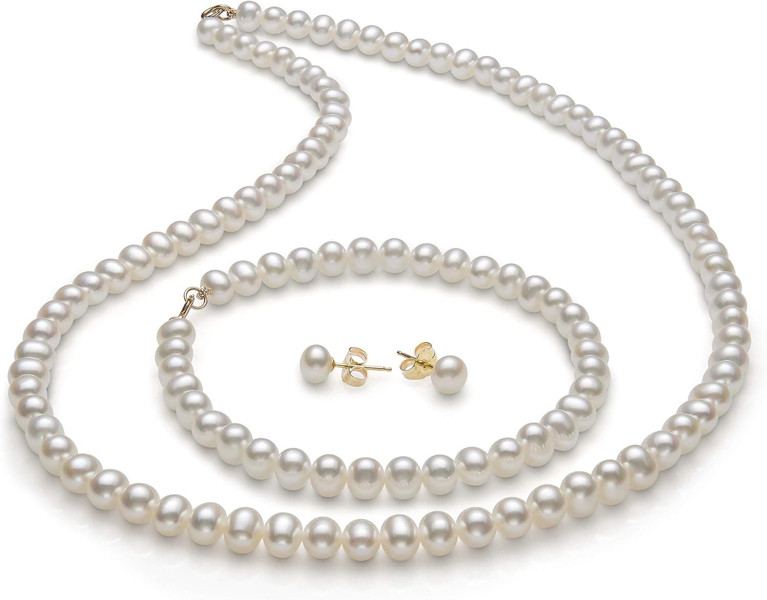 14K Gold Freshwater Pearl Necklace Bracelet Stud Earring Set,18"