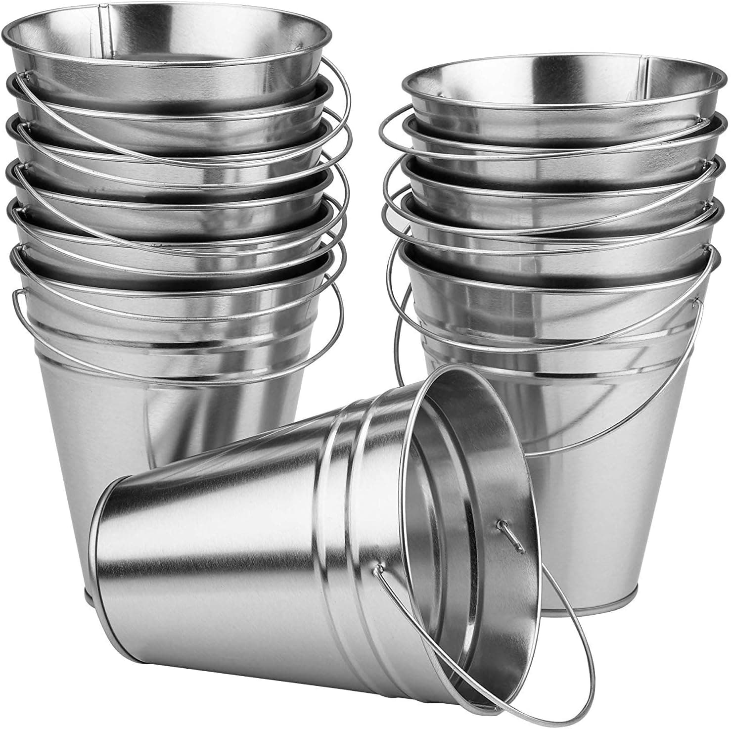 Large Galvanized Metal Buckets Bulk - 12 Pack - with Handle 5 X 4.5 Inches - Unique Goody Baskets, for Party Favors, Party Accessories and Christmas Decorations