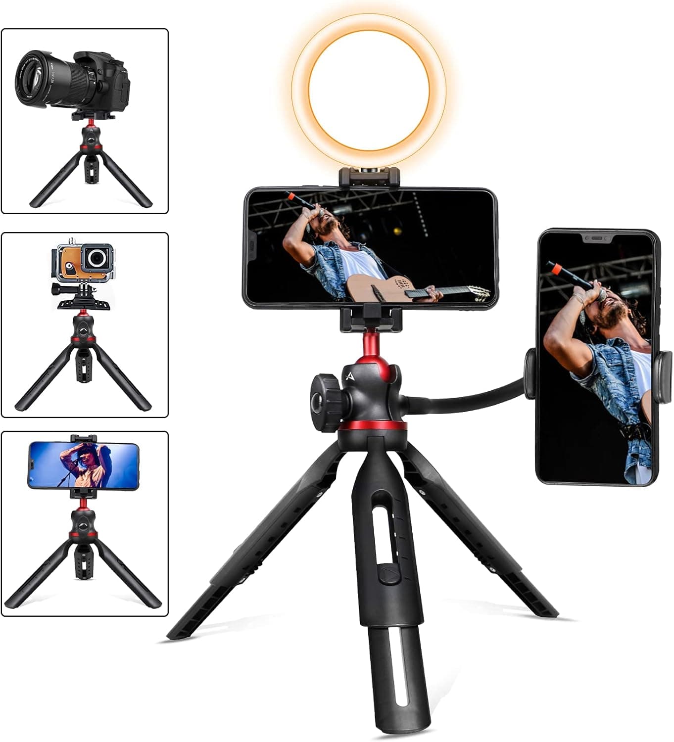 Dual Phone Tripod for iPhone Android,Anakk 6"-8"Extendable Camera Tripod Stand Holder, 360° Ballhead Travel Tripods for DSLR Camera Selfie Stick Tripod for GoPro Google Pixel Android IOS Smart Phones