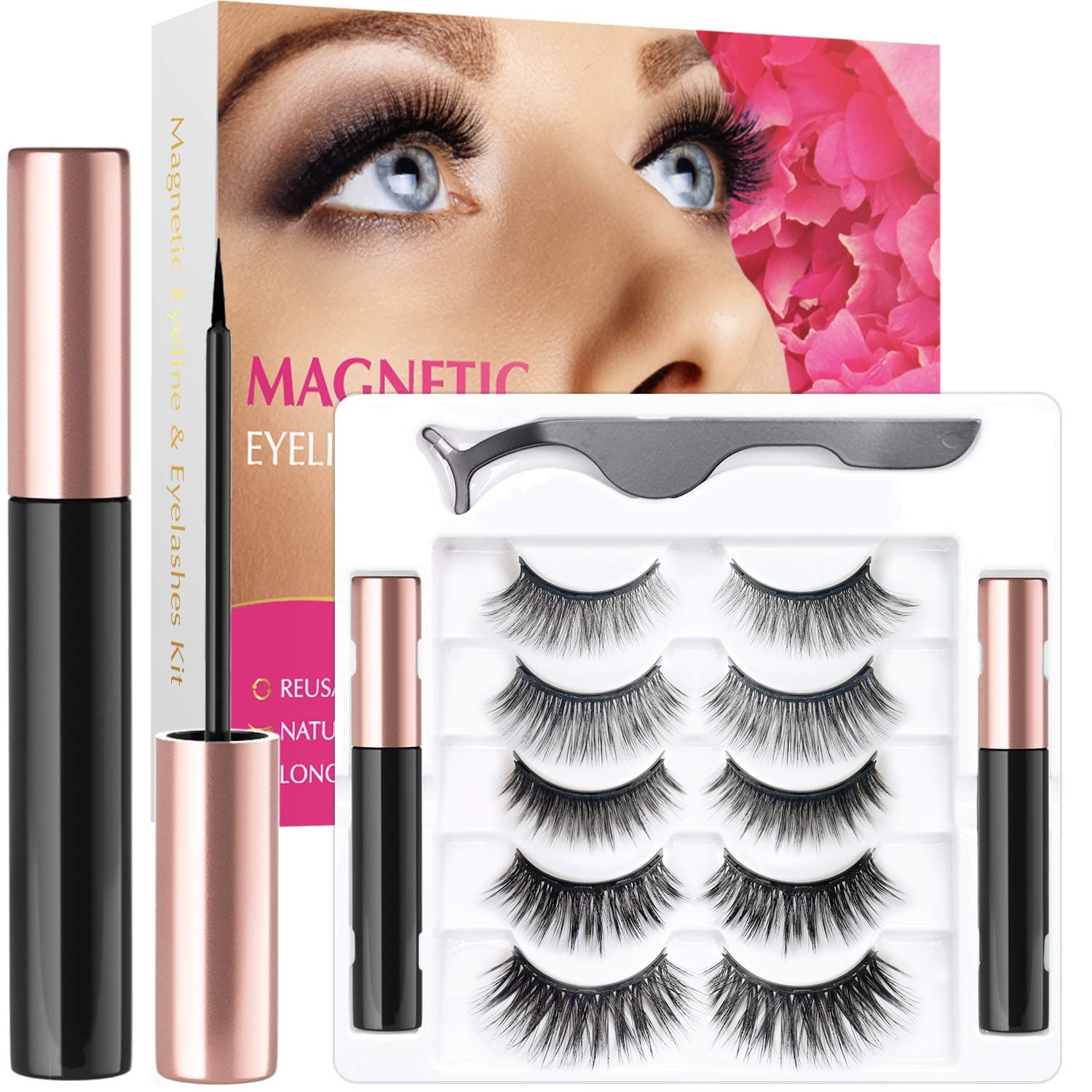 Votala Magnetic Eyelashes and Magnetic Eyeliner Kit, 5 Pairs of Different Styles Reusable 3D Magnetic Eyelashes with 2 Special Magnetic Eyeliners and Tweezers, with Natural Look (Bushy)