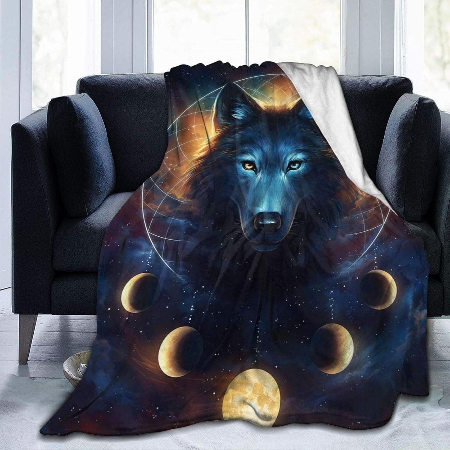Fantasy Wolf Moon Galaxy Flannel Fleece Throw Blanket - Funny Crazy Lightweight Microfiber Decor Blanket, Soft, Cozy, Warm, Perfect for Bed Sofa, 50"x60"