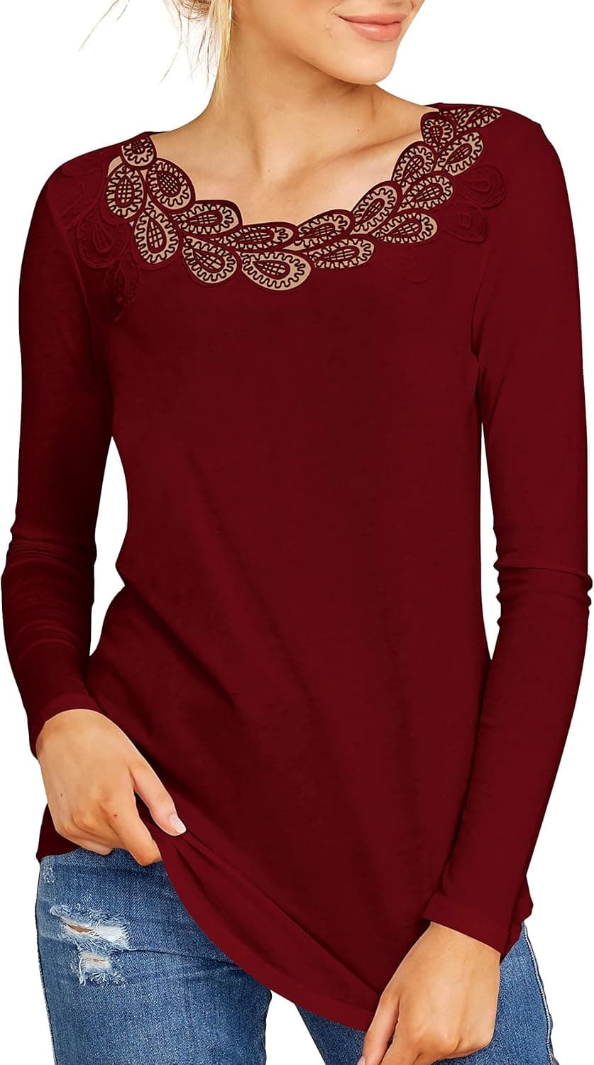 liher Womens Long Sleeve Tops Lace Neckline Solid Casual Loose T-Shirts Tunic Top