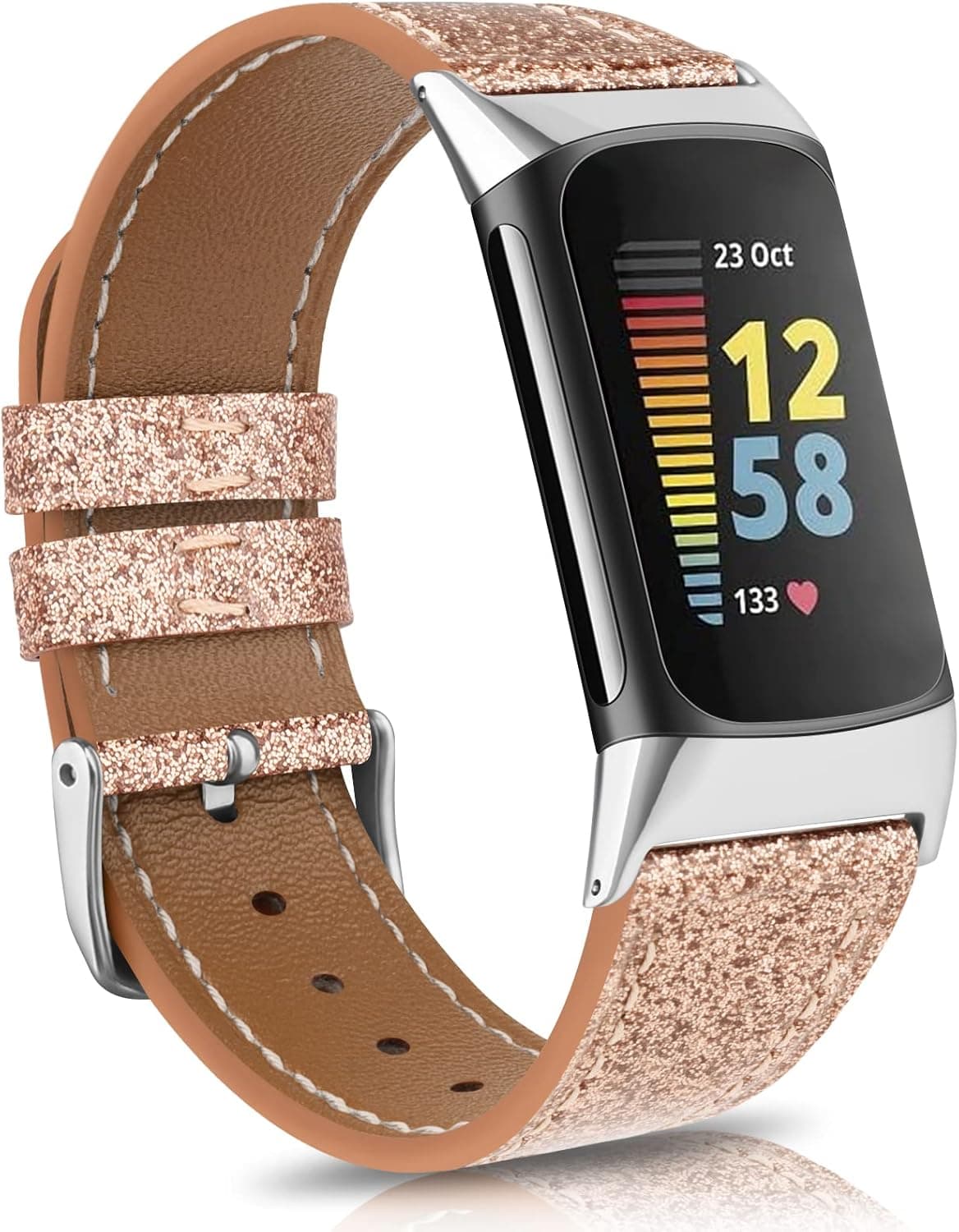 Tobfit Leather Band for Fitbit Charge 5 Bands for Women Men Top Grain Leather Replacement Watch Band for Fitbit Charge 5 Accessories (Rose Gold Glitter)