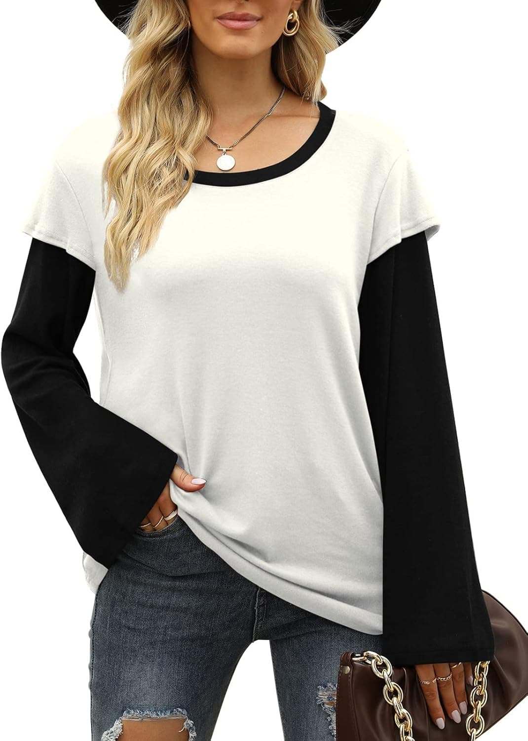 OFEEFAN Women Crewneck Sweatshirts Long Sleeve Shirts Color Block Tops