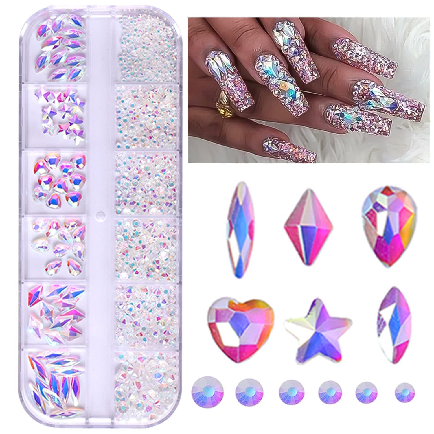 BELICEY Nail Rhinestones Kit 800PCS Multi-Shape Rhinestones for Nail Crystals Decoration Nail Hearts Butterfly Charm Nail Dimond Gems Stone for Nail Art Jewels DIY Crafts Clothing (Pink AB)