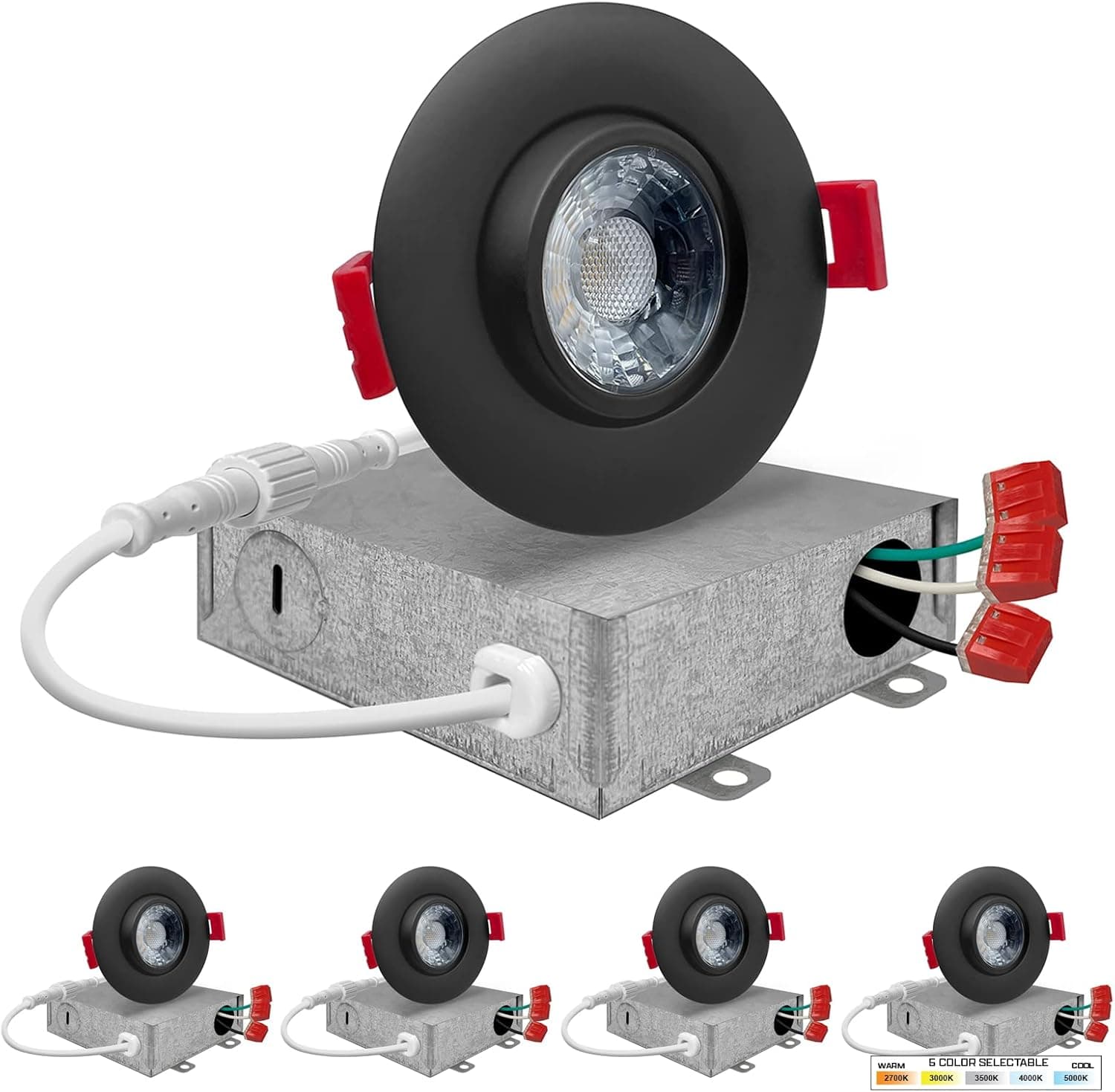 QuestLED 3” LED Gimbal Downlight, 600 Lumens, 8W Recessed Black Trim Dimmable LED Light, 4000K Cool White, 4 Pack