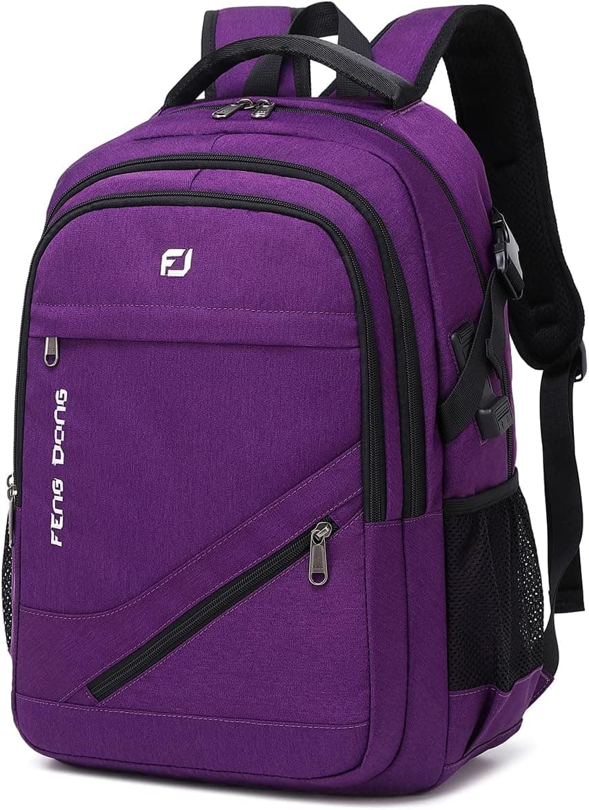 FENGDONG Durable Waterproof Travel Large Laptop Backpack 17.3 inch,College Backpack Bookbag for Men & Women Business Backpack with USB Charging Port and Headset Port Purple