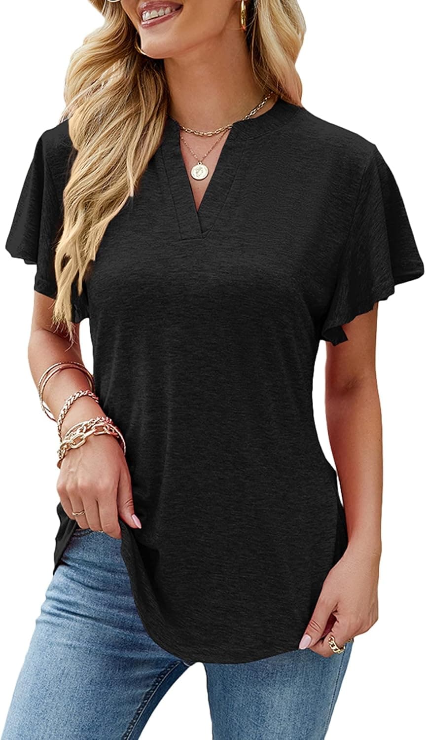 Womens Ruffle Short Sleeve Top Business Casual V Neckline T Shirt Summer Loose Shirt Solid Blouse Tops