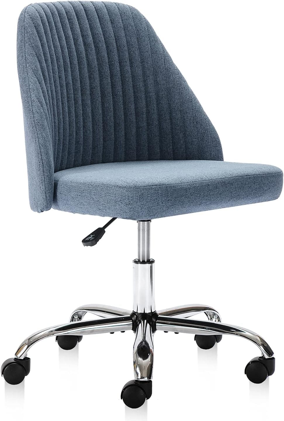 HOMEFLA Home Office Desk Chair, Modern Linen Fabric Chair Adjustable Swivel Task Chair Mid-Back Cute Upholstered Armless Computer Chair with Wheels for Bedroom Studying Room Vanity Room (Blue)