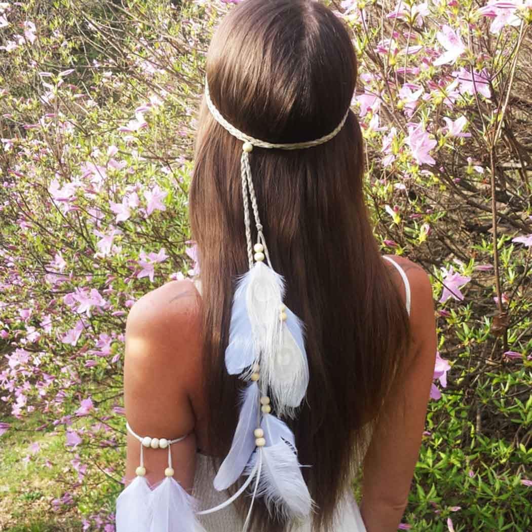 Victray Boho Tassel Feather Headband Indiana Summer Beach Headpieces Fashion Hair Accessories for Women and Girls (White)