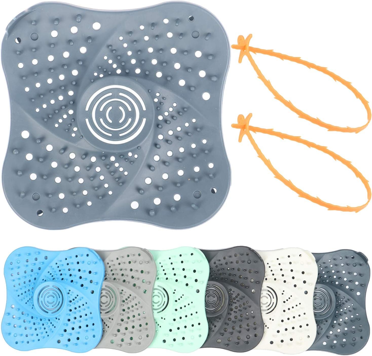 6 Pack Shower Drain Cover Drain Hair Catcher -TPR Drain Strainer Sewer Filter Silicone Drains Protection for Bathroom and Kitchen with 2 Pack Sewer Dredging Tools
