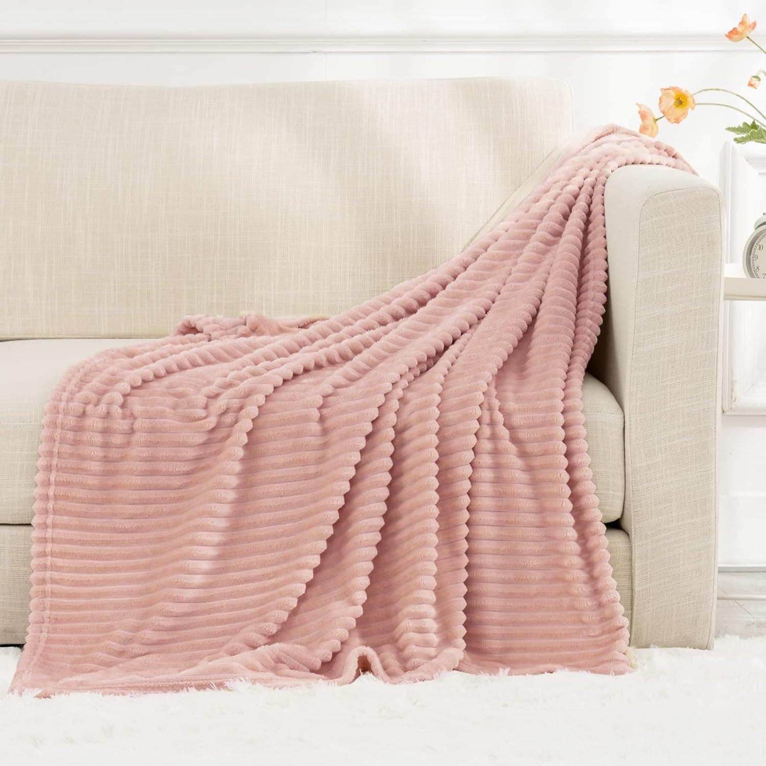RECYCO Fleece Throw Blanket for Couch, Super Soft Cozy Fuzzy Decorative Blankets and Throws with Striped Pattern for Sofa, Lightweight Ribbed Plush Pink Throw Blanket for Bed 50"x60"