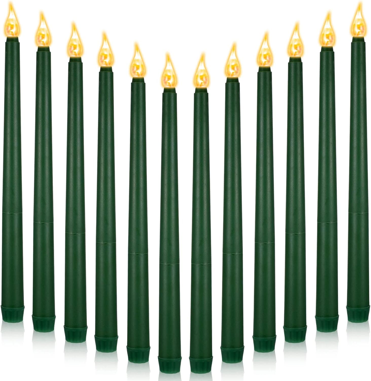 12 Pcs LED Taper Candles Dripless Unscented Flameless Battery Dinner Candles for Valentines, Weddings, Church, Graduation, Hanukkah, Christmas, Autumn, Celebration (Green)