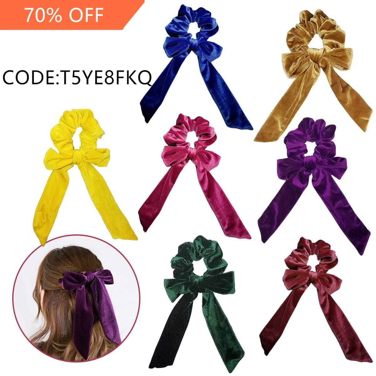Velvet Scrunchies for Hair, 2-in-1 Handmade Bow Scrunchy Hair Ties Elastic Bands for Women and Girls - Beauty Accessories 7pcs Assorted Colors by DailyEase