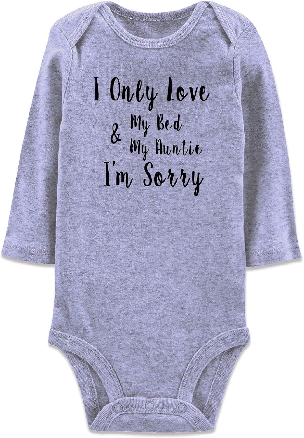 Baby Boys Girls Rompers Onesie Grey Long Sleeve Jumpsuit Bodysuit Funny Sayings I Only Love My Bed and My Auntie Summer Autumn Spring Infant Babies Onsie with Expandable Neckline 6-9 Months