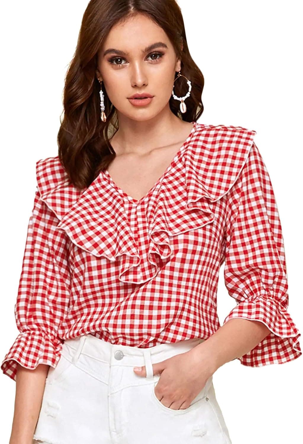 Romwe Women's Elegant Ruffle V Neck Flounce Sleeve Blouse Top