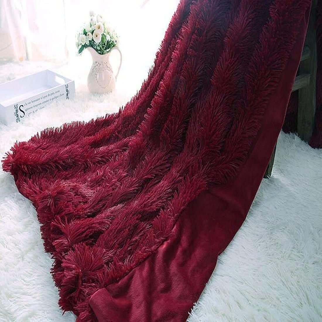 Plush Blanket Bedding Sofa Cover Furry Fuzzy Fur Warm Throw Quilt Cozy Couch Blanket for Winter (63"x 79", Wine Maroon)