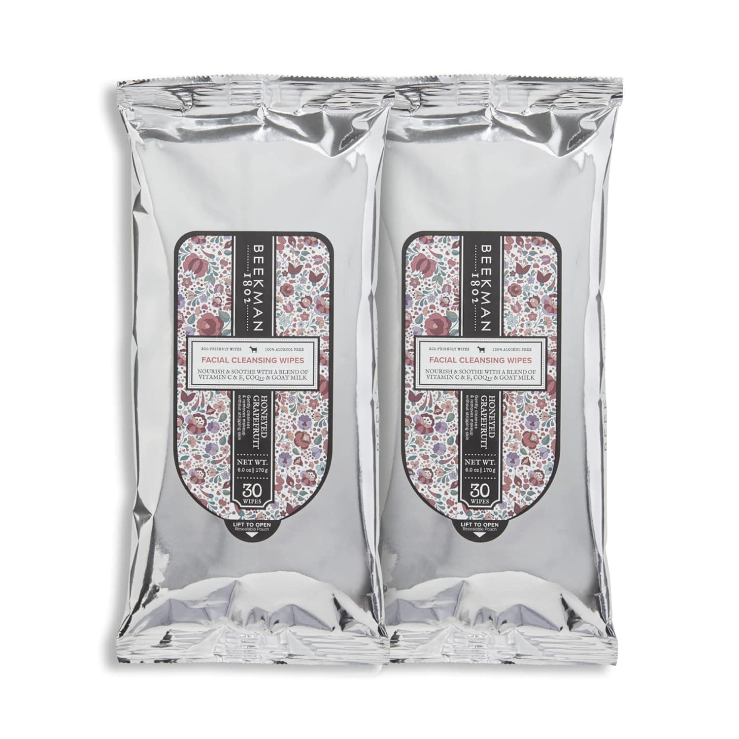Beekman 1802 Face Wipes - 30 Count, Pack of 2 - With Goat Milk, Aloe, Vitamin E & CoQ10 - Alcohol Free, Biodegradable & Cruelty Free - 60 Total Wipes