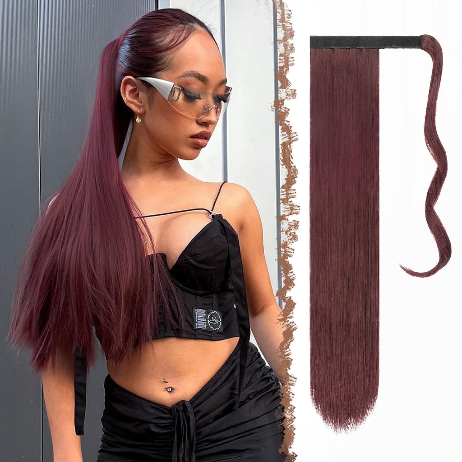 FESHFEN Straight Long Ponytail Extensions 28 Inch Wine Red Wrap Around Synthetic Hair Piece Pony Tail Hair Ponytails Hairpieces for Women Girls