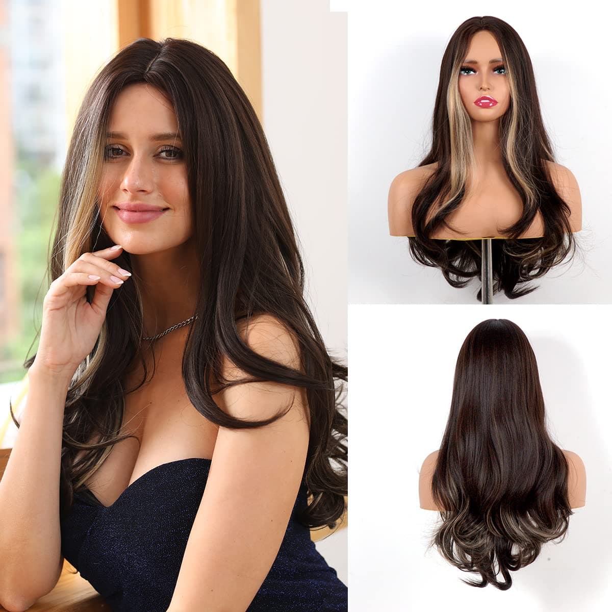 Dark Brown Long Wavy Wigs for Women,24 Inch Middle Part Body Length Natural Looking Synthetic Clury Wig Ombre Blone For Daily