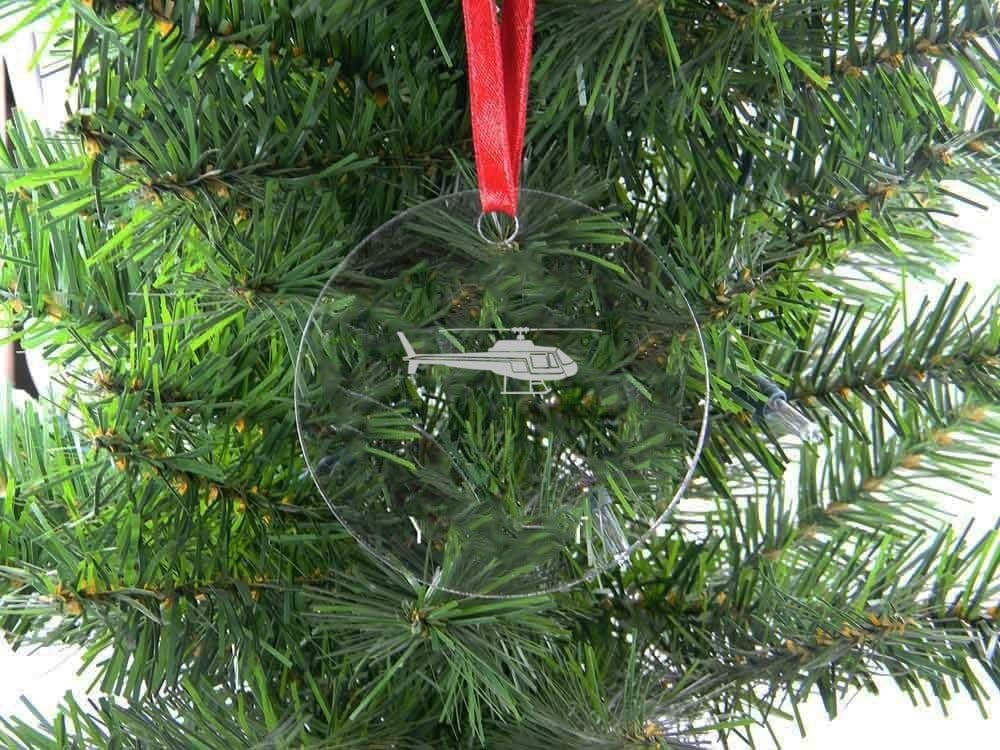 Personalized Custom Helicopter Clear Acrylic Hanging Christmas Tree Ornament with Red Ribbon