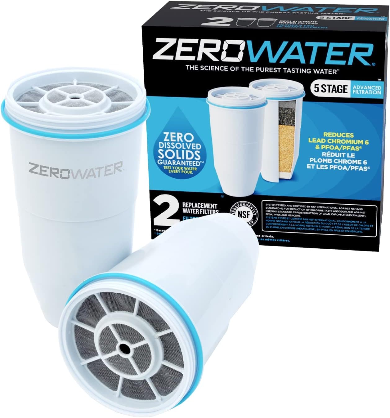 ZeroWater Official Replacement Filter - 5-Stage Filter Replacement 0 TDS for Improved Tap Water Taste - NSF Certified to Reduce Lead, Chromium, and PFOA/PFOS, 2-Pack