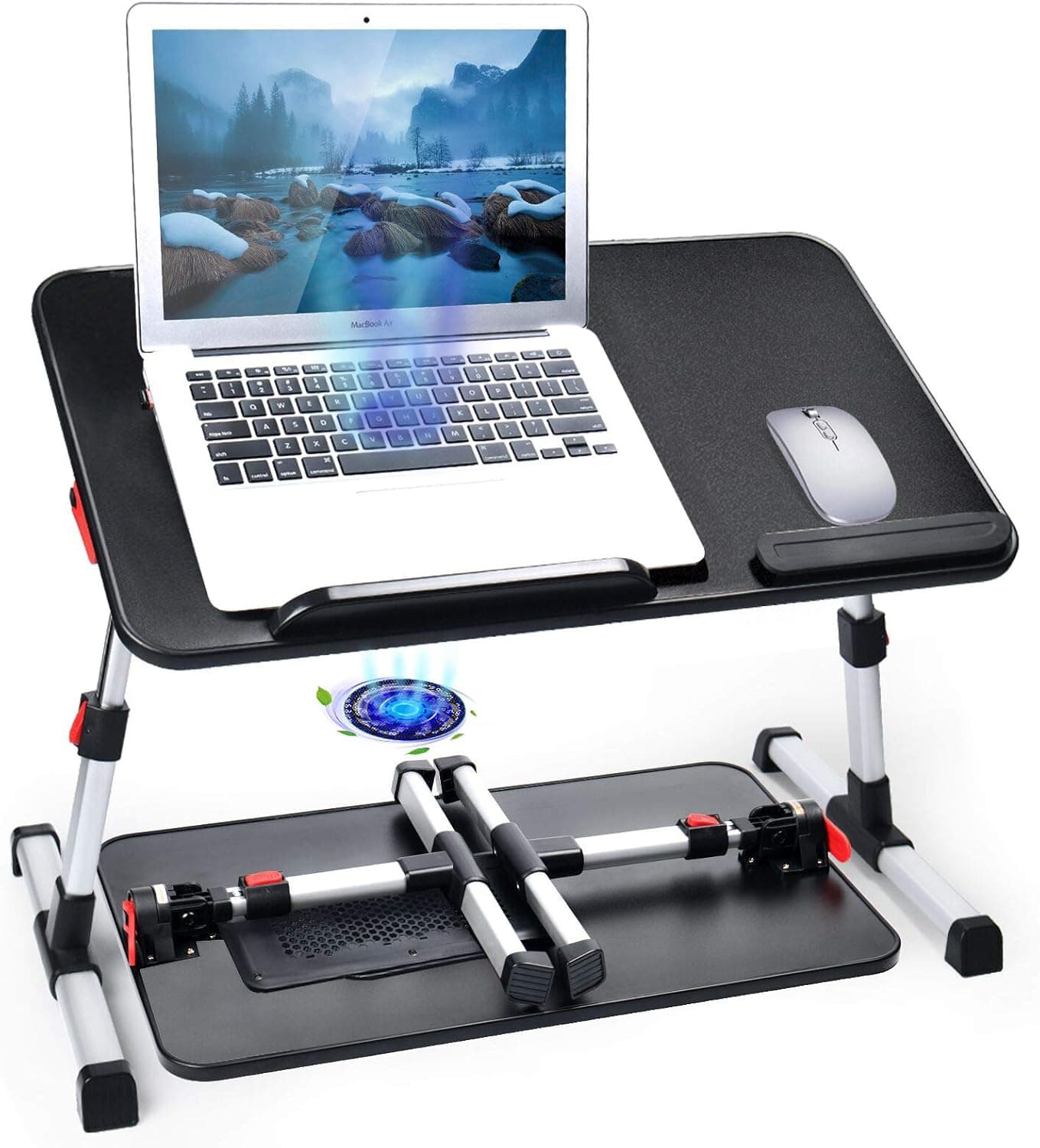 Adjustable Laptop Desk Table for Bed, Foldable Computer Stand [Large Size] Tiltable Notebook Tray with Cooling Fan for Sofa Couch Floor (Black)