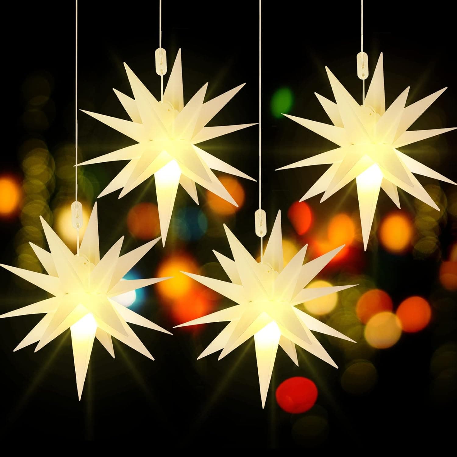 Moravian Star Light 3D LED Star Hanging Light Powered by Battery with Timer Function White Porch Light Holiday Decoration for Indoor Outdoor Christmas Trees Balconies Courtyards (4 Pieces, 12 Inch)