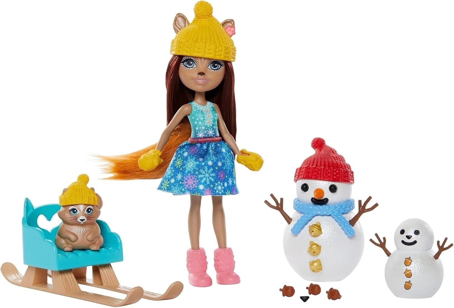 Mattel Enchantimals Snowman Face-Off with Sharlotte Squirrel Small Doll (6-in), Walnut Animal Figure, and 2 Snowman Figures with Removable Stick, Buttons, Carrot Nose for Building Fun