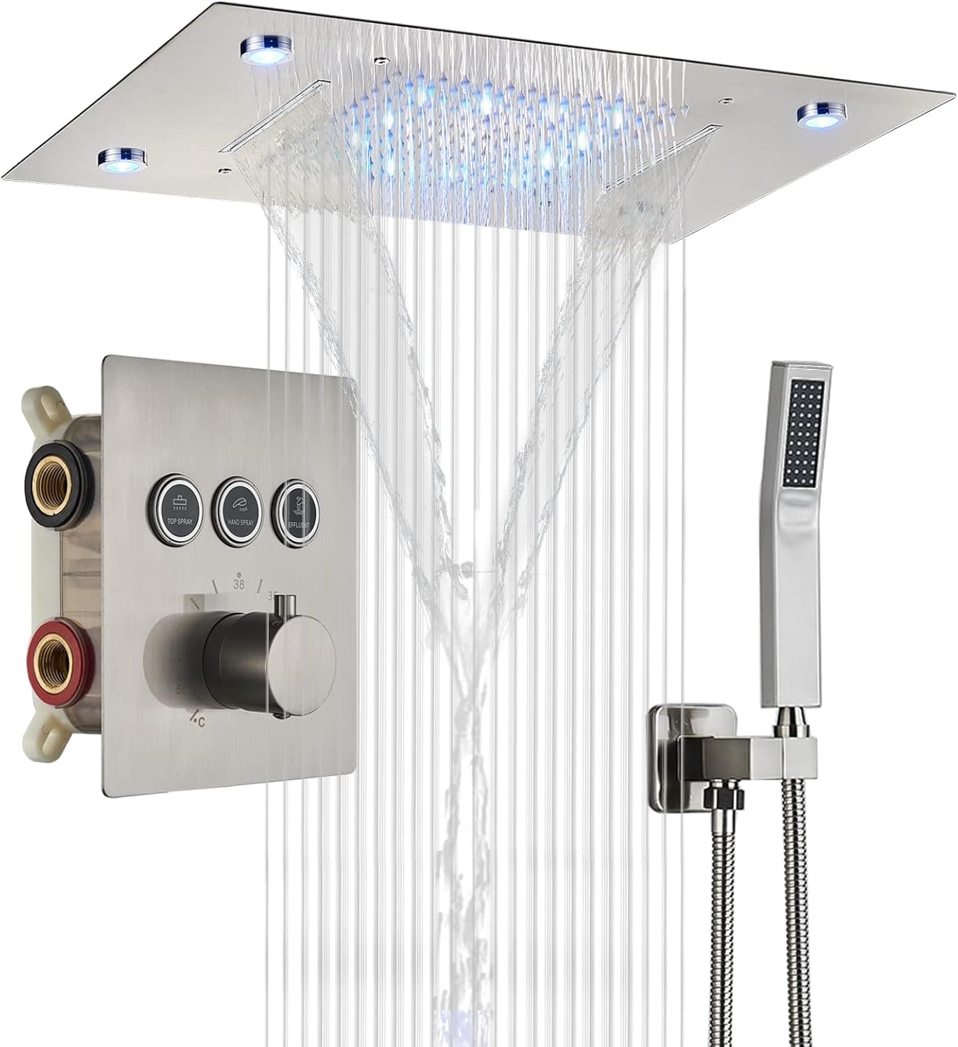 Shower Systems 3 Functions Thermostatic Rain Shower Set with LED Rainfall 20" x 14" Shower Head with Hand Shower Valve Included in Can Use All Options at A Time (Brushed Nickel)