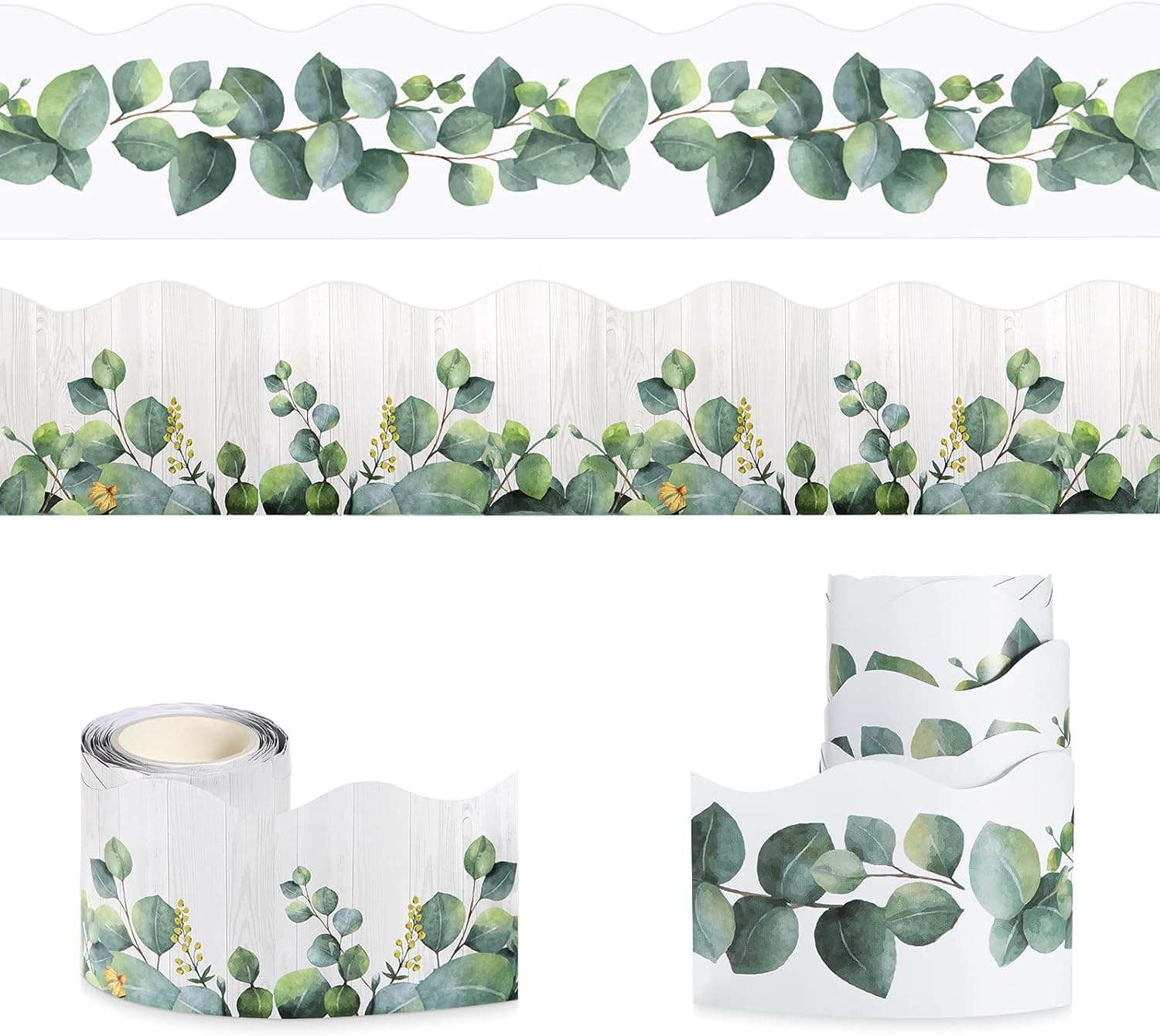 2 Pieces Eucalyptus Die-Cut Border Trim 59 Feet Tropical Leaves Bulletin Trim Spring Greenery Border Trim with Sticky Point Dots for Classroom Bedroom Restroom Wall Decoration (Elegant Style)