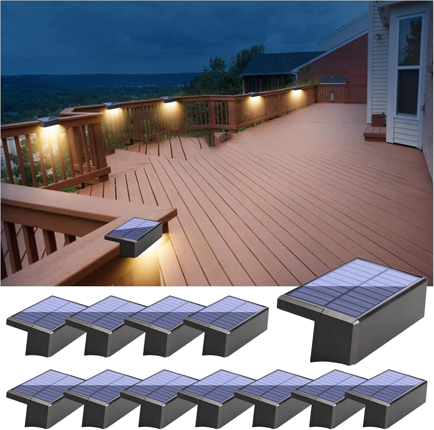 Bridika Solar Deck Lights, 12 Pack Solar Fence Lights Halloween Lights Warm White & Color Changing & Fixed RGB, Outdoor Waterproof Color Glow Solar Wall Lights for Deck Railing Stair Step and Backyard