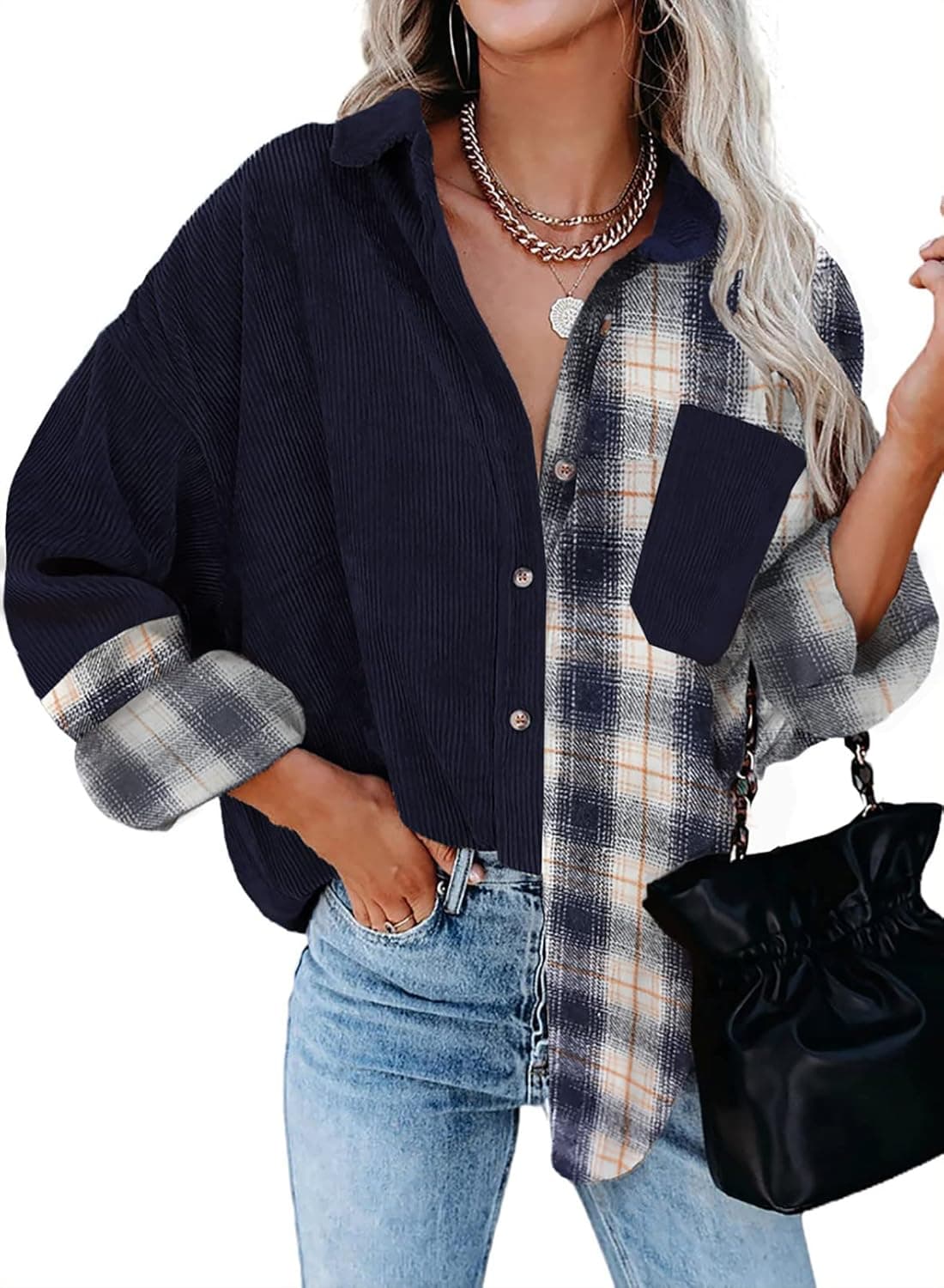 Dokotoo Womens Shacket Contrast Patchwork Corduroy Shirt Long Sleeve Button Down Shirts Oversized Blouses Tops Jacket