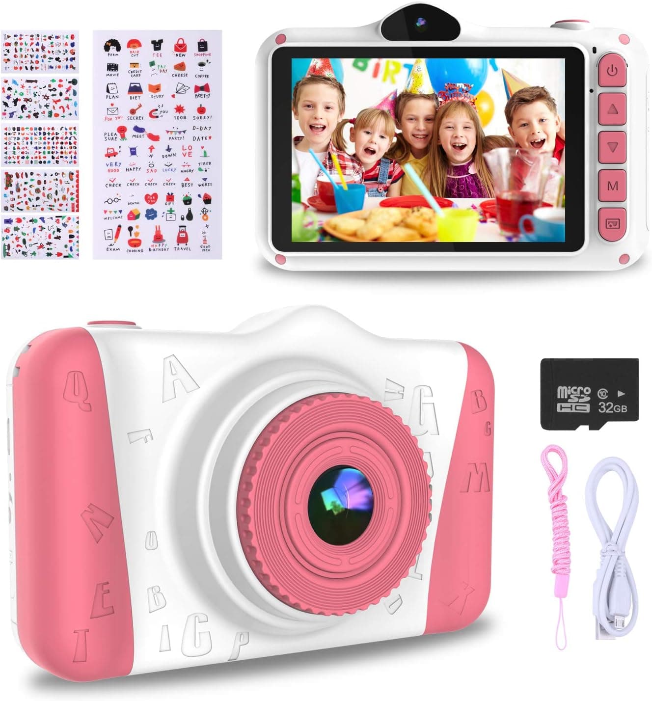WOWGO Kids Digital Camera - 12MP Children's Selfie Camera with 3.5 Inches Large Screen for Boys and Girls,1080P Rechargeable Electronic Camera with 32GB TF Card (Pink-White)