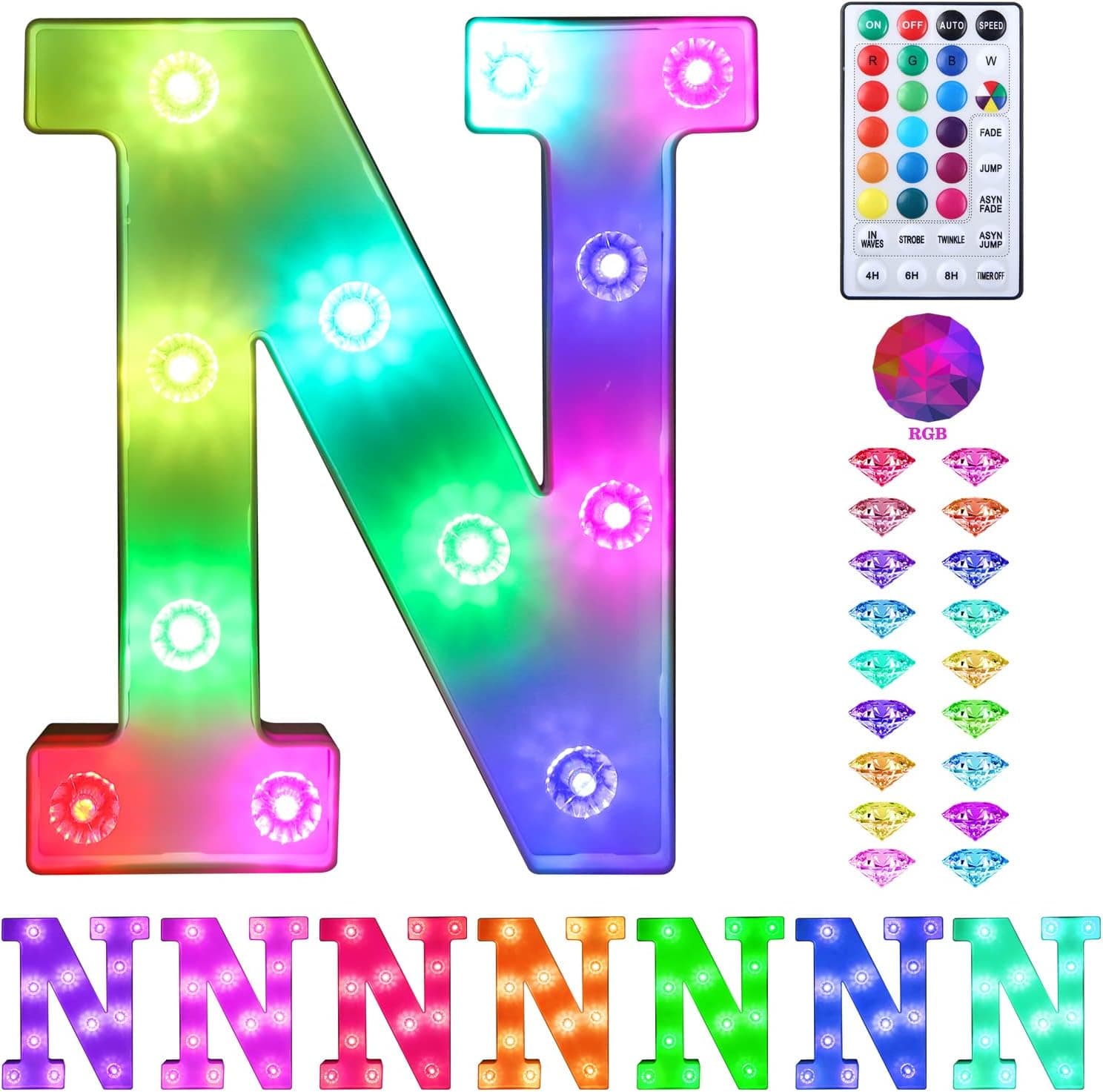 Adorn Life Colorful Light up Letters Led Marquee Letter Lights with Remote 18 Colors Letters with Lights for Wedding Birthday Party Christmas Home Bar Decoration - Diamond Design Battery Powered - N