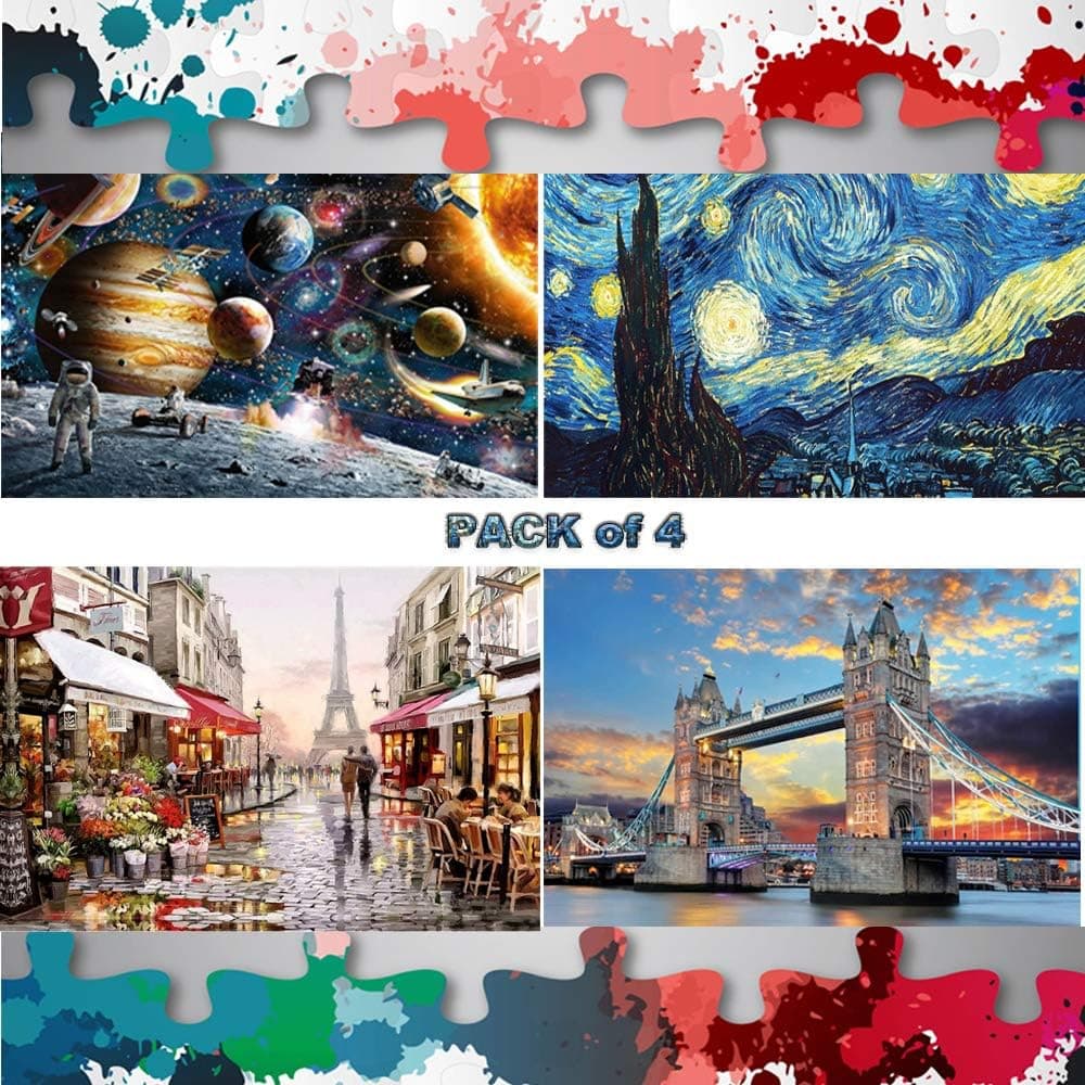 Large New Jigsaw Puzzle Pack of 4, Each 1000 Piece Puzzles for Adults Kids, London Tower Bridge - Starry Sky by Vincent Van Gogh – Planet in Space – Paris Street, Great for Family Time, 20 x 30inch