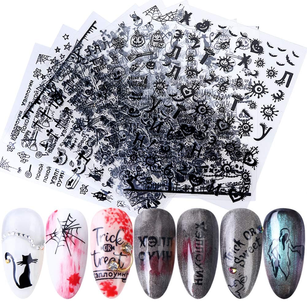 9 Sheets 3D Halloween Nail Art Stickers Self-Adhesive Nail Decals Halloween Nail Supplies Black Skull Witch Pumpkin Ghost Cat Cross Nail Art Design Halloween Party Favors Manicure Decorations