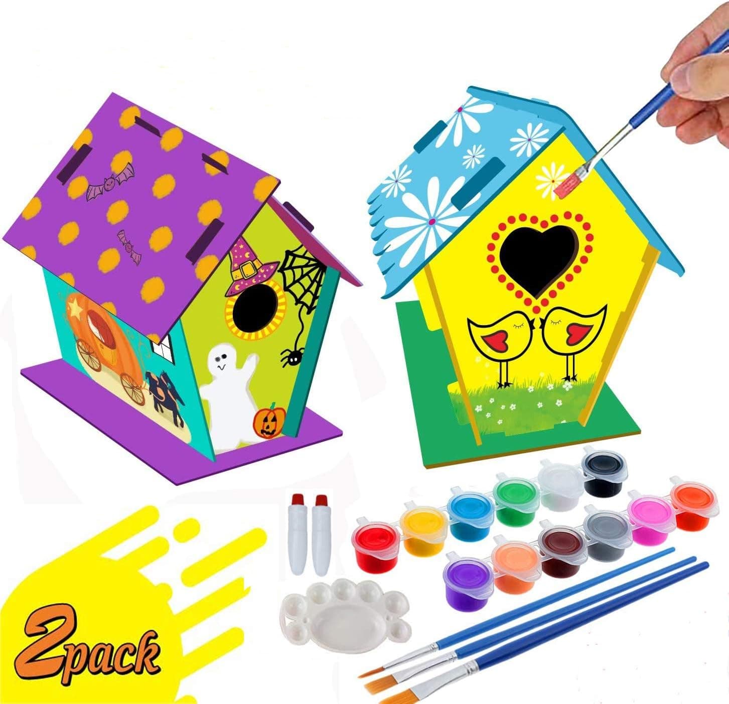 COSOON DIY Bird House Kit for Kids - 2 Pack Bird House Kits for Children to Build and Paint (Includes 12 Paints and 3 Brushes) Wooden Arts and Crafts for Girls Boys Toddlers Ages 3-5, 4-8, 8-12