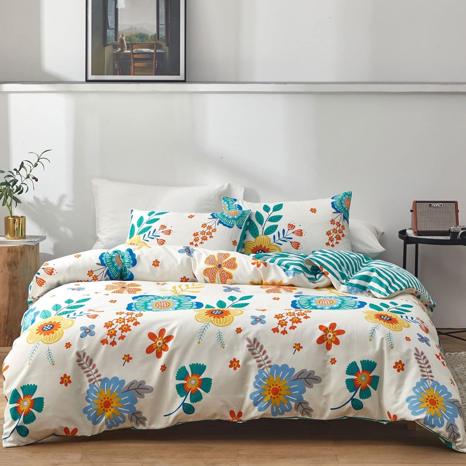 Joyreap 3pcs Cotton Comforter Set for Girls, Blue Aqua n Orange Flowers Print on White Design, Breathable Skin-Friendly Bedding Comforter for All Season (Full/Queen, 88x88 inches)