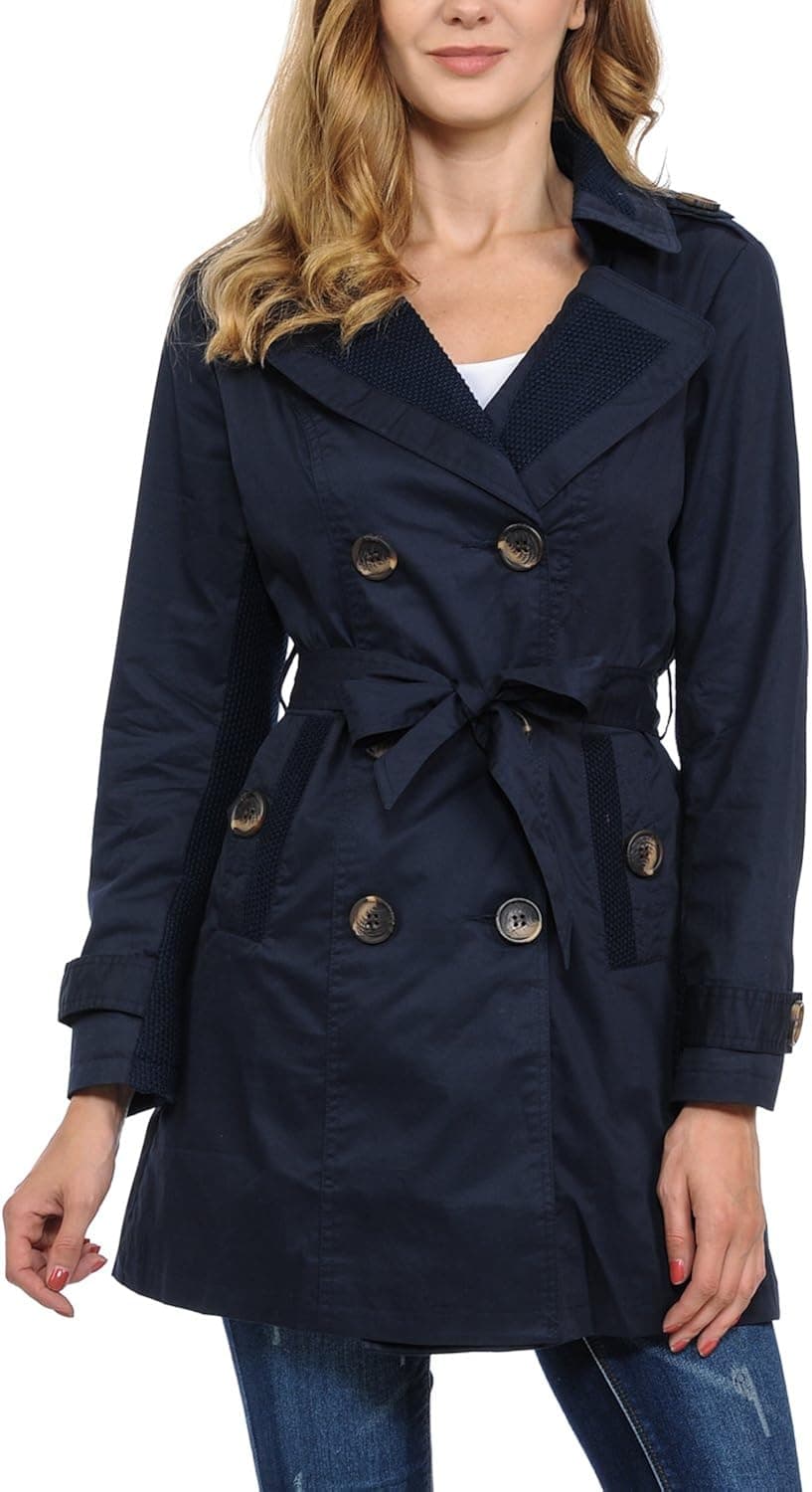 Auliné Collection Women's Fashion Double Breasted Trench Coat Jacket with Belt