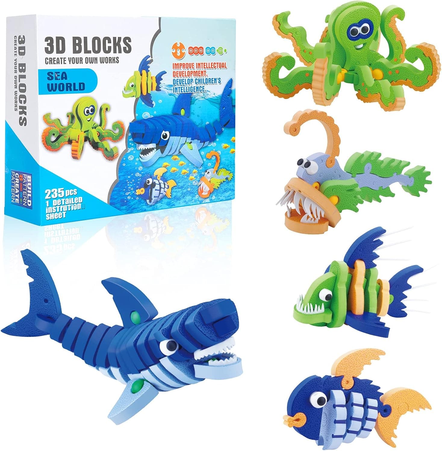 3D Puzzles for Kids, 5-in-1 Sea Ocean Animal 3D Puzzles Soft EVA 235 PCS Building Blocks STEM Construction Educational Toy for 8+ Year Old Kids Boys Girls (Marine Animal)