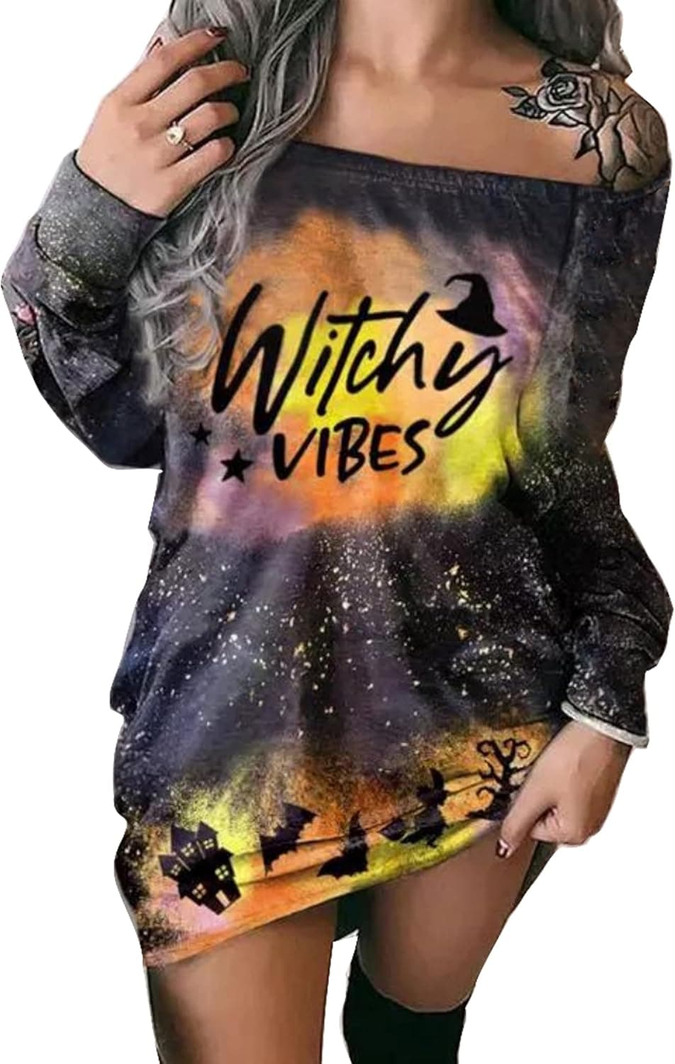 SECETKET Women Halloween Off Shoulder Dress Witch Graphic Print Long Sleeve Halloween Top Dress