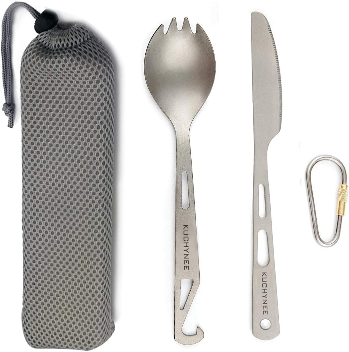KUCHYNEE Titanium Camping Cutlery Set Extra Strong Ultra Lightweight Utility Utensils Flatware 2 Pcs Portable Knife Spork for Home Outdoor Travel Hiking with Bag (2 Pieces)