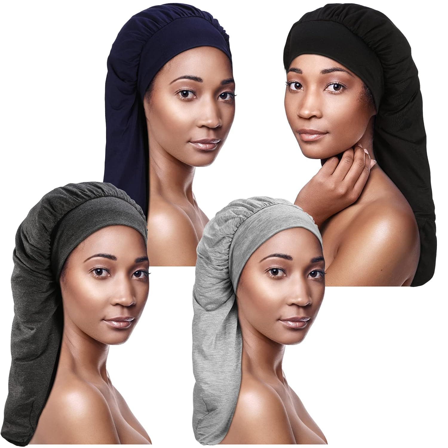 4 Pieces Hair Bonnet for Men Women Satin Lined Sleep Cap Silk Satin Sleep Cap Satin Lined Bonnet Hair Cover (Black, Navy Blue, Dark Gray and Light Gray)